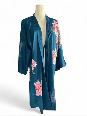 Kim + Ono | Satin Floral Teal/ Green Short Kimono Robe One Size